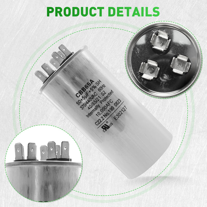 3100248.487 CBB65A Capacitor - 50 + 5uF 370/440VAC 60Hz 10,000AFC Dual Run Circular Start for United States Standard AC Motors, Heat Pumps, Air Conditioning and RV Camper A/C