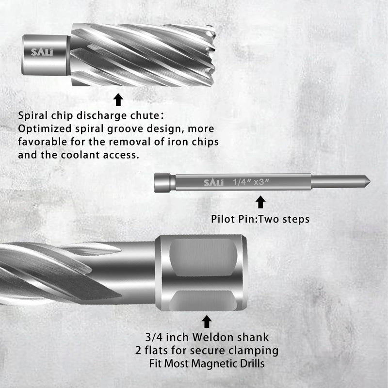 SALI 2 pcs Annular Cutter Diameter 11/16 Inch with Weldon Shank 3/4" (with 2 Flats) Cutting Depth 1" Mag Drill Bit for Magnetic Drill Press HSS Fully Ground Drill with One 1/4"*3" Pilot Pin 11/16"*1"