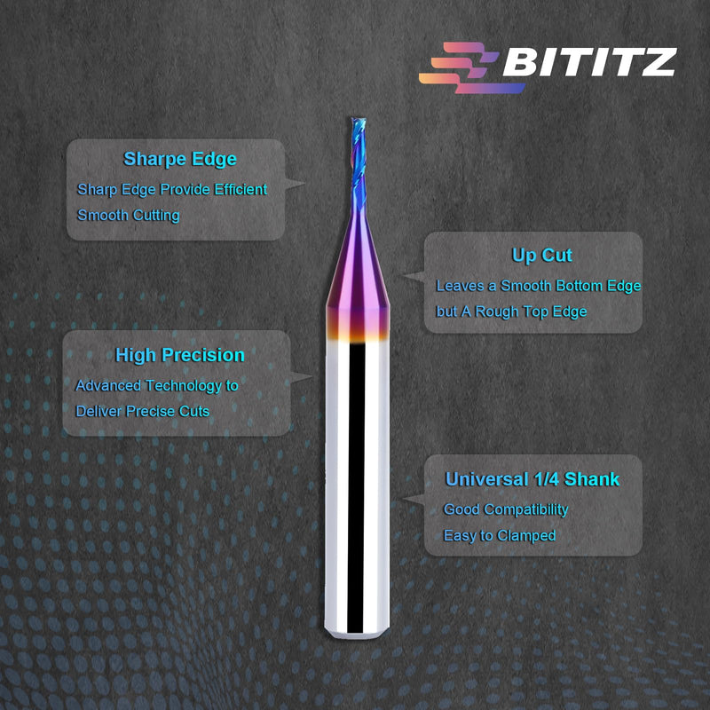 2PCS Upcut Spiral Router Bit 1/4 Inch Shank 1/16 Inch Cutting Diameter 1/4 inch Cutting Length with Extra Long Life Coating CNC Router Bits End Mill for Wood Cutting, Slot Mortise, Engraving UP CUT 2 pieces 1/16" Dia-1/4" CL-2" Overall Length
