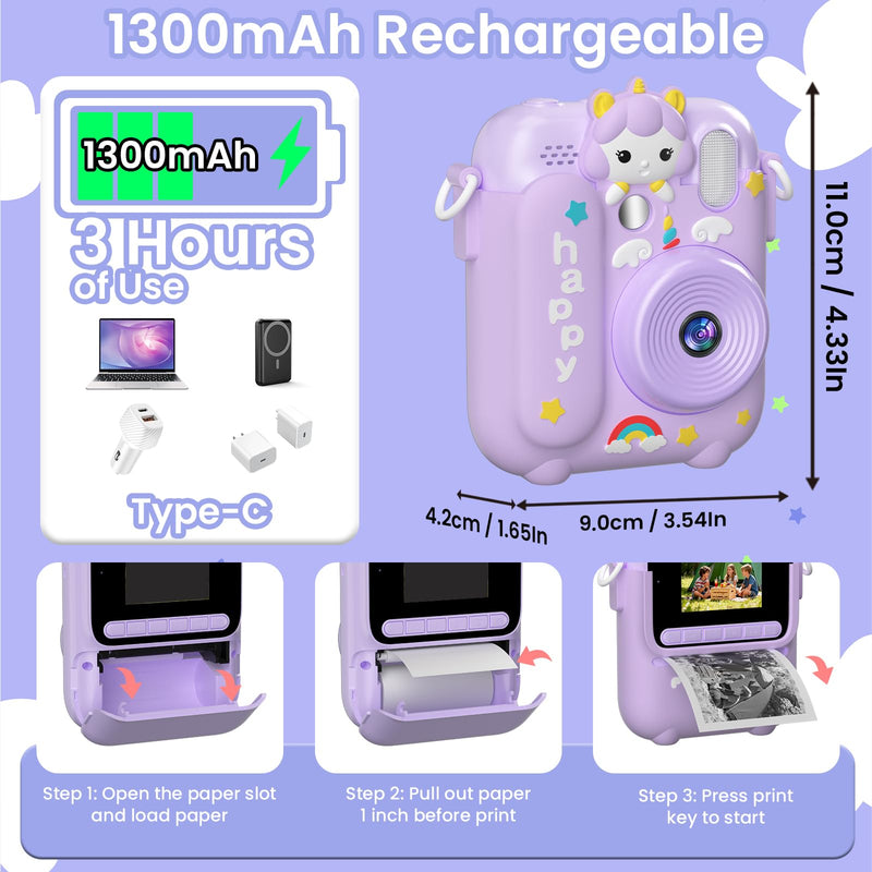 Kids Camera Instant Print, 3 4 5 6 7 8 9 10 11 Year Old Girl Birthday Gift | 1080P HD Video Digital Instant Camera for Kids with Silicone Cover & 5 Rolls of Printer Paper (Purple) Purple
