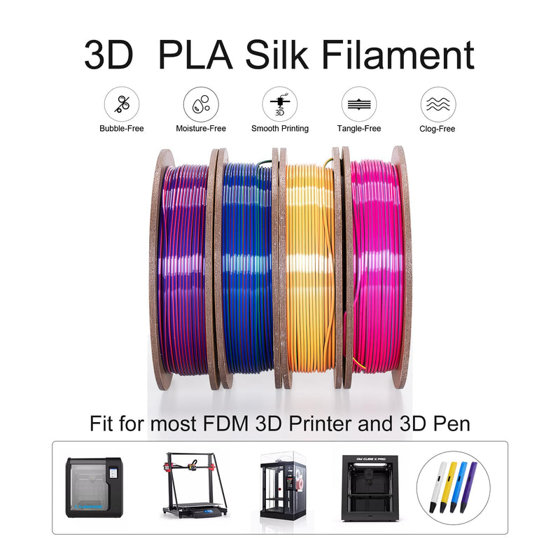 Tri Color Silk PLA 3D Printer Filament Bundle 1.75mm Color Changing PLA Filament Multi Pack Bundle 4 Spool Each 250g (Multicolor: Red&Yellow&Blue; Red&Blue&Green; Red&Purple&Gold; Orange&Blue&Green)