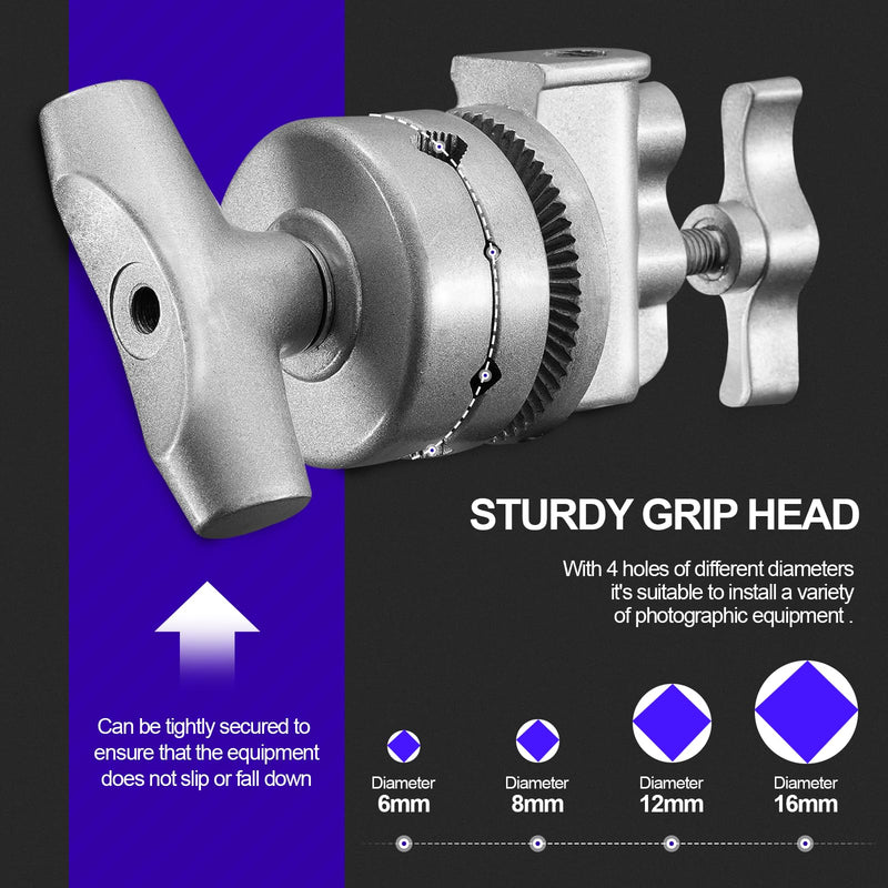 WELLMAKING Heavy Duty Grip Head 2.5inch Swivel Head Holder Adapter, Multi Functional Clamp Duty for Light Stand, Extension Boom Arm and Other Photographic Equipment with 1/2,1/4,3/8,5/8-inch Mount