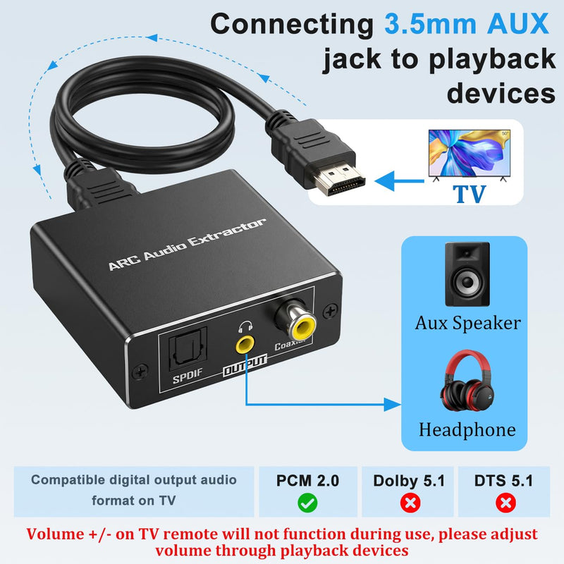 HDMI ARC Audio Converter, ARC to Toslink Optical & 3.5mm AUX Adapter | Connect ARC‑Enabled TV to Soundbar, Amplifier, Speaker and Headphone, TV Remote VOL +/- Non‑Functional During Use Black Optical, AUX, Coaxial