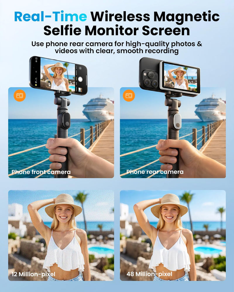 Magnetic Vlog Selfie Monitor Screen for iPhone & Android, 4-Inch IPS HD Wireless Back Camera Monitor with Bluetooth Remote, 1800mAh Battery, 3-Level Brightness, No Delay Live Stream for TikTok YouTube White