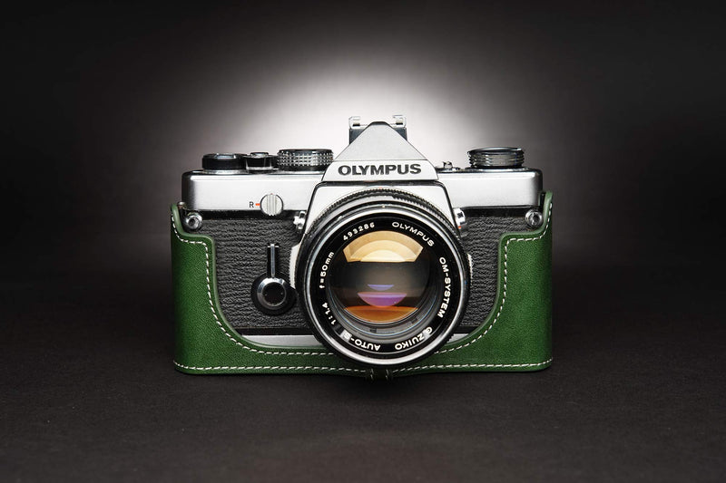 OM-4 Case, BolinUS Handmade Genuine Real Leather Half Camera Case Bag Cover for Olympus OM-1 /1N OM-2/2N OM-3/3Ti OM-4/4Ti (No Handle) Camera with Hand Strap (Green) Green