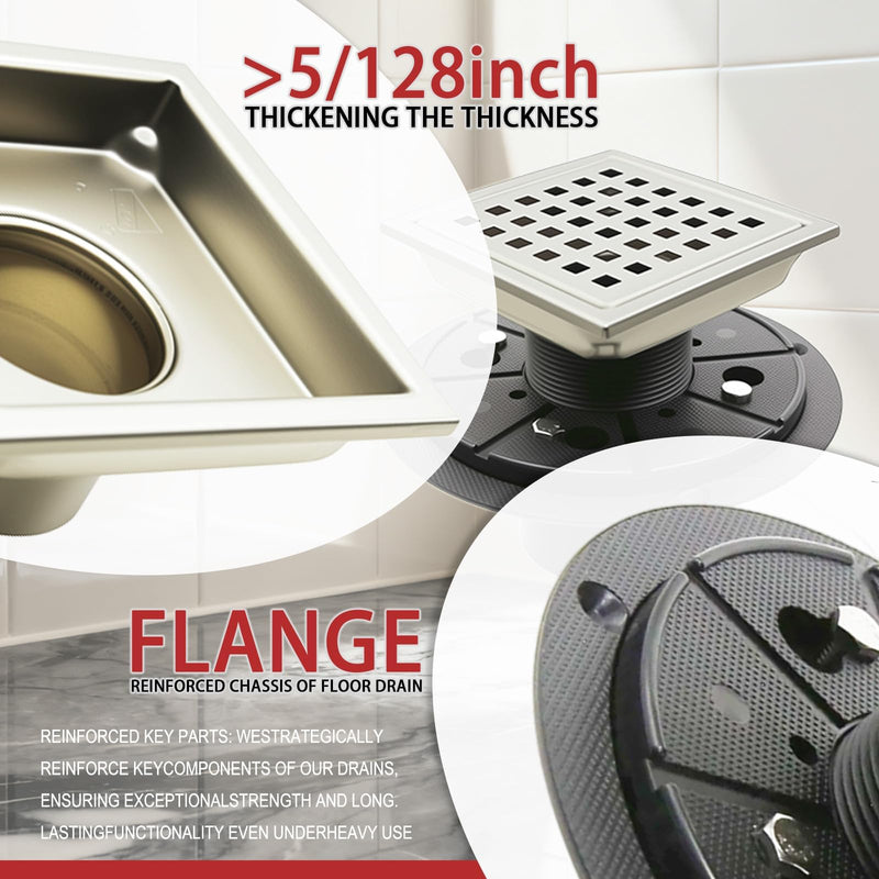 4" Square Shower Floor Drain with Flange,Quadrato Pattern Grate Removable,Food-Grade SUS 304 Stainless Steel,Watermark&CUPC Certified,Brushed (Brushed Nickel, 4 Inch) Brushed Nickel