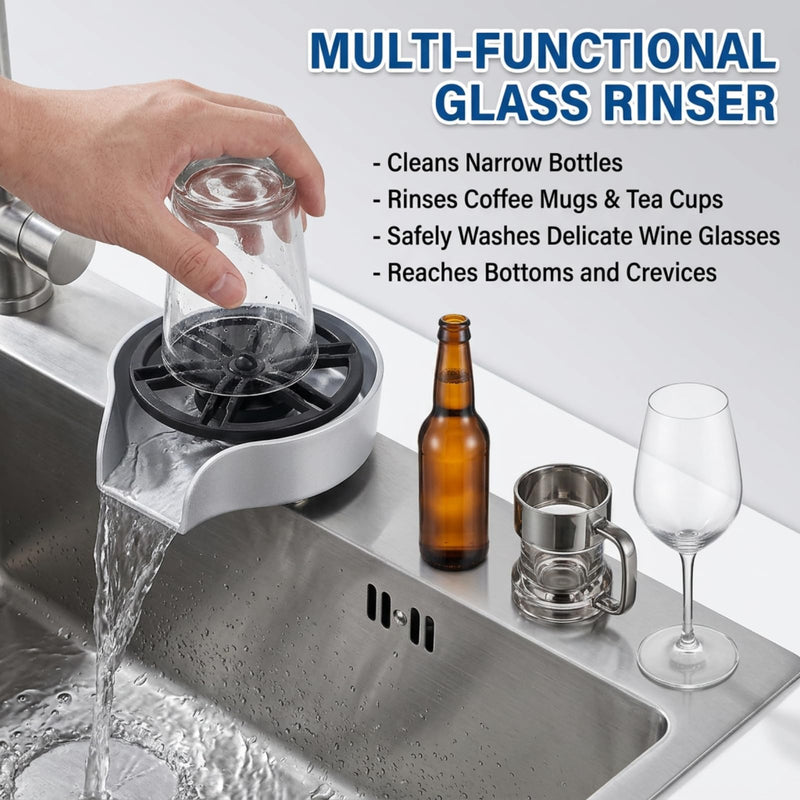 Automatic Glass Rinser for Kitchen Sink, Stainless Steel Cup Washer with G1/2 Thread, Professional Corrosion-Resistant Pressure Glass Washer, ABS Plastic Base Silver