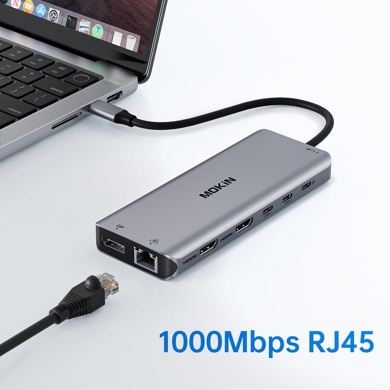 USB C Laptop Docking Station Dual Monitor Dual HDMI 4K DP Triple Display Hub, 13 in 1 MOKiN USB C Hub with 3 Monitors, DisplayPort, USB 3.1, RJ45, 100W PD, Card Reader, Audio/Mic, for Dell HP Lenovo Gray