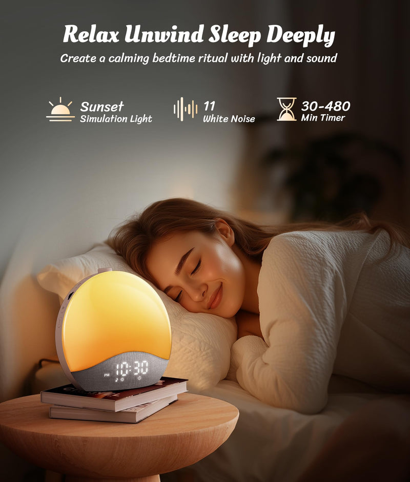 ecozy Sunrise Alarm Clock, White Noise Sound Machine, Alarm Clock for Bedrooms, 26 Soothing Sounds, 17 Night Lights, Bluetooth Speaker, Sunrise Wake-Up Light for Heavy Sleepers, Adults, Kids Grey & White