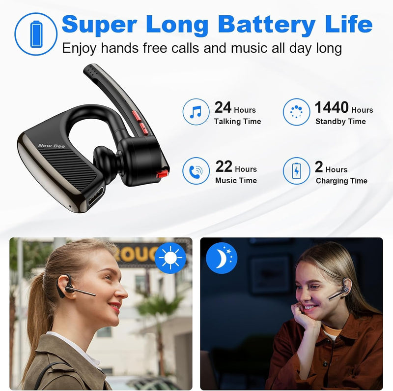 New Bee Bluetooth Earpiece V5.2 Wireless Headset 24Hrs Talktime Black | CVC8.0 Dual Mic, Noise Cancelling, iPhone/Android/Driver/Business/Office