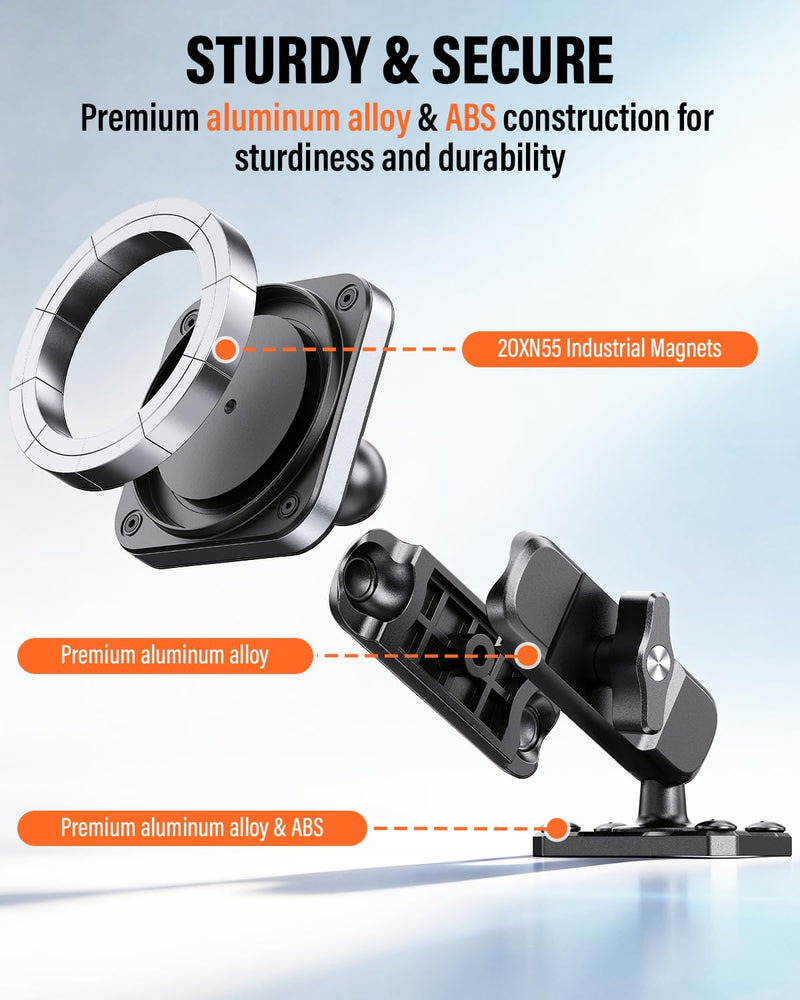APPS2Car Alloy Magnetic Phone Mount for Boat/Truck/Car/Wall, Drill Base | 20×N55 Strong Magnets, 360° Adjustable, Durable Aluminum&ABS, Heavy Duty Phone Holder for Magsafe iPhone Samsung Most Phones