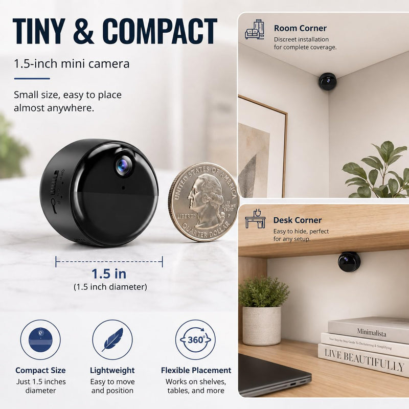 4K Mini Indoor Security Camera Wirless Nanny Cam with 60-Days Battery Life | Auto Night Vision, Motion Detection & Alerts, Local Storage, Live Remote Viewing for Pet, Baby, Nanny and Home Security