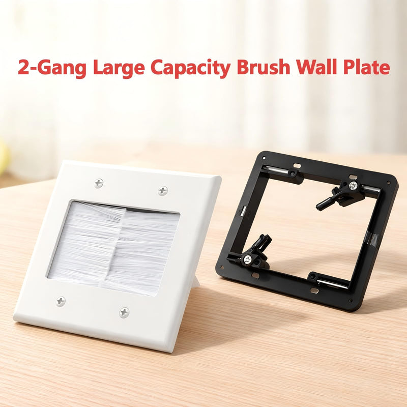 1 Pack 2-Gang Brush Wall Plate with Bracket, Cable Pass Through Wire Hider | Dustproof Large Capacity In-Wall Cable Management for HDMI, Ethernet,Speaker, Home Theater, Versatile Use, Easy Installation 2-Gang Brush Wall Plate (1 Pack)