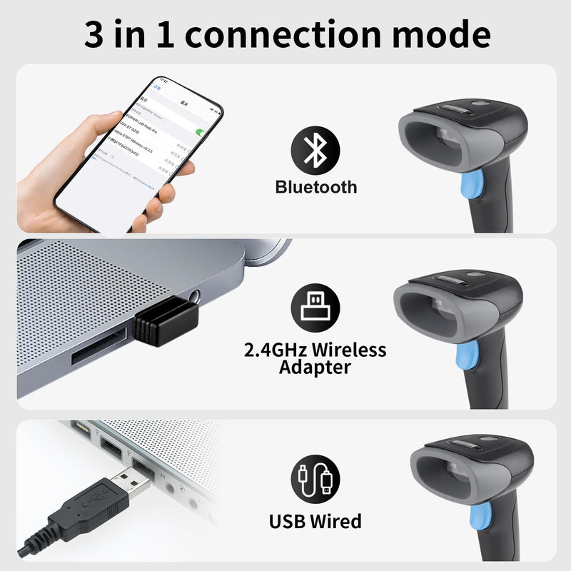 Wireless Barcode Scanner 1D QR Scanner Wireless Handheld Laser Bar Code Reader 3-in-1 with Bluetooth & 2.4G Wireless & USB Wired Works with iPad, Android Phone, iPhone, Laptop-U26 Black-U26