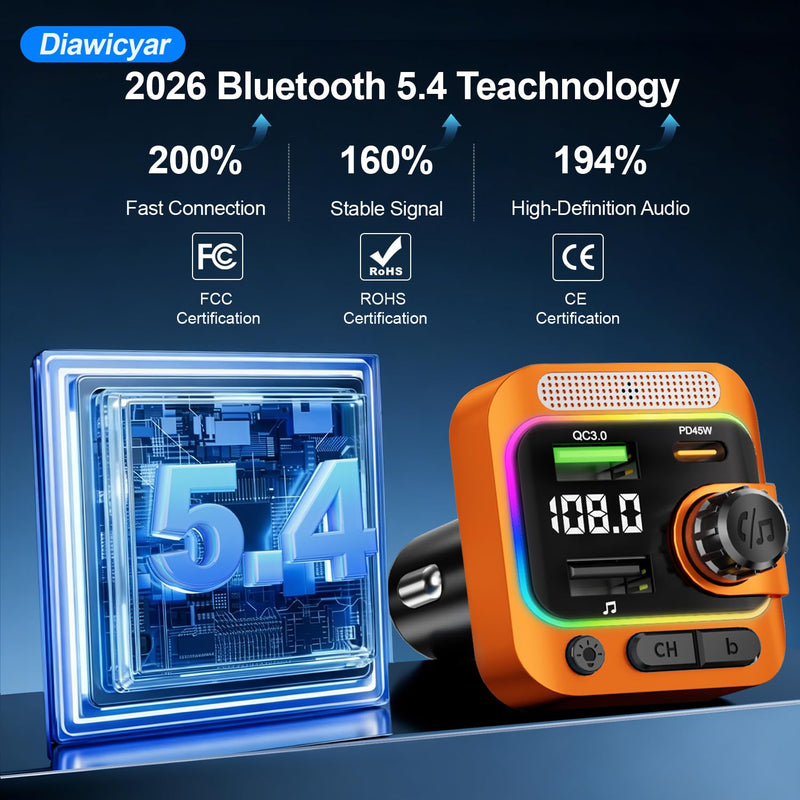 63W FM Transmitter Bluetooth Car Adapter, Wireless FM Bluetooth Transmitter | [PD 45W & QC3.0] Fast Charge, Deep Bass Player, Hands-Free Calling, Orange
