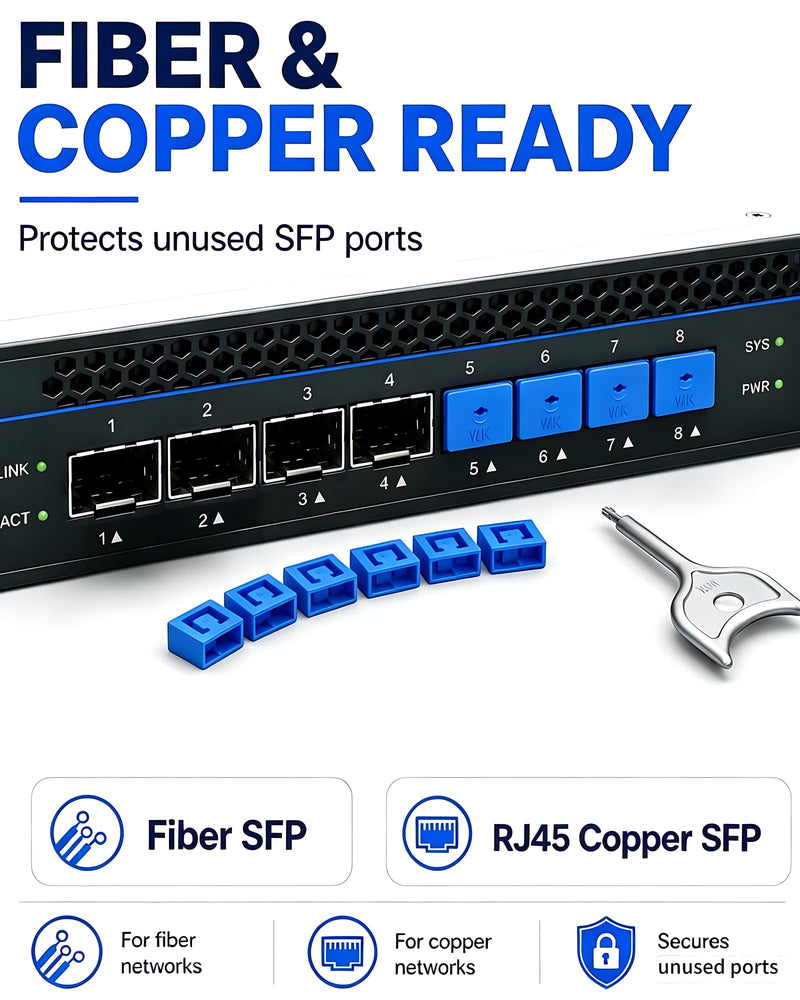 12-Pack SFP Port Lock with 1 Key,SFP Security Lock & Fiber Port Dust Plug,Prevent Unauthorized Network Access,SFP Dust Cover for Data Centers,Servers,Switches,Routers (Blue) 12+1 Blue