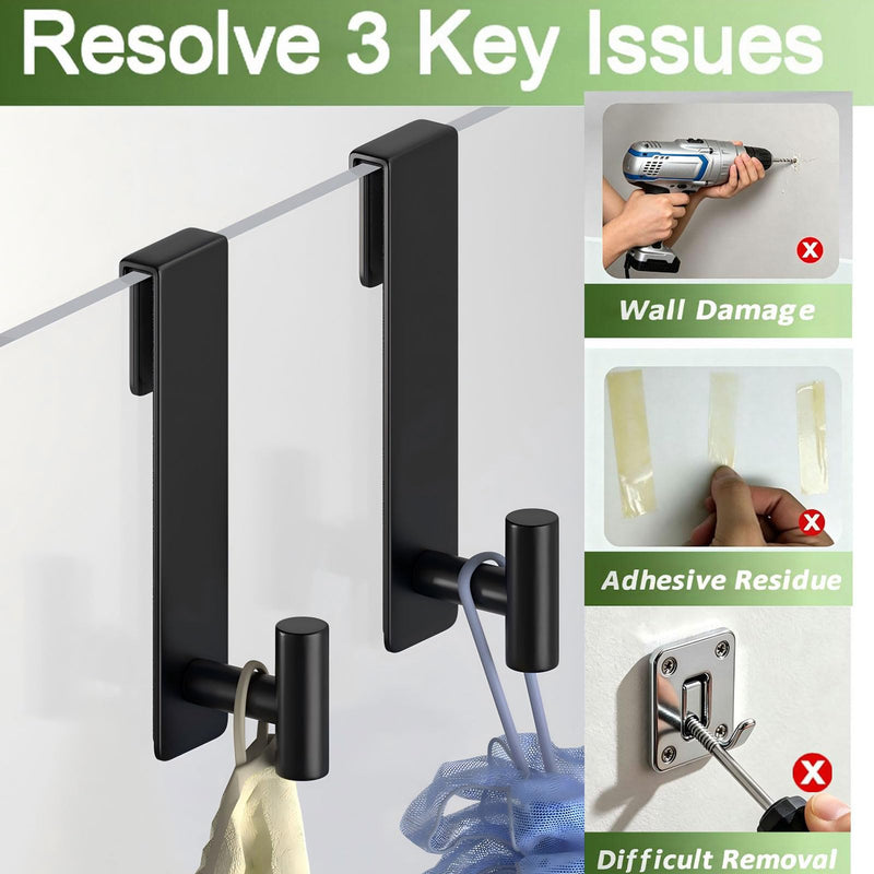 Shower Door Hooks, Heavy Duty Rack Hooks for Robe, Stainless Steel Towel Hooks for Bathroom, Fits Frameless Glass Shower Doors up to 3/8" (10mm) Thick (Black, 2 Pack) "T" Shape- 2 Pack Black