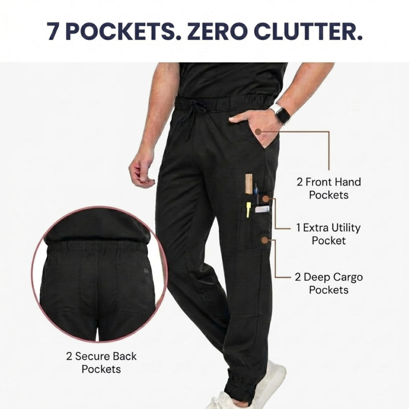 Medichic Men's Workwear Stretch V-Neck Scrub Joggers Set with Seven-Pocket Pants, Available in 6+ Colors Black Medium