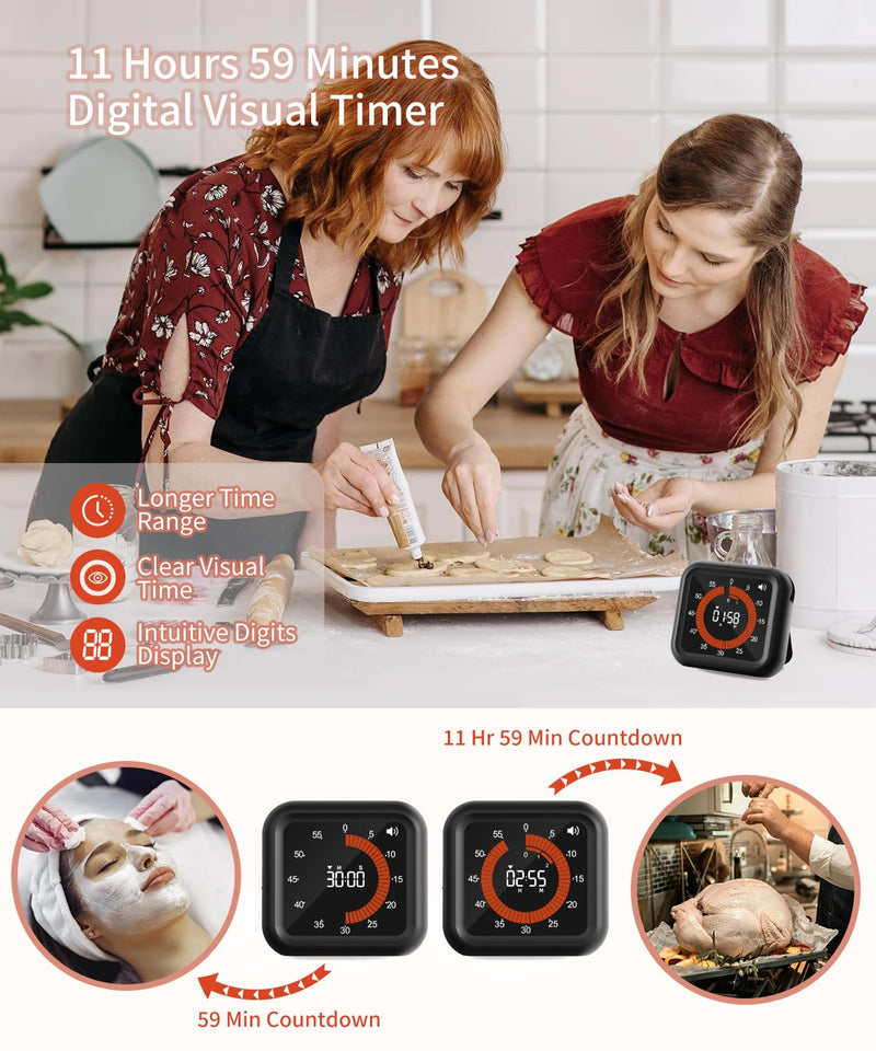 Digital Visual Timer - Large Display Magnetic Countdown Timer with Adjustable Volume and Brightness, 11H59M Memory Function for Kitchen, Classroom, Study Time Management, Seniors & Teachers Black