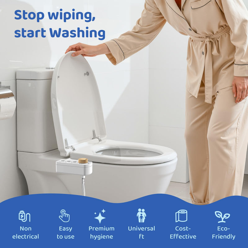 Bidet Attachment for Toilet Seat, Ultra Slim | Easy Control | Adjustable Water Pressure | Non-Electric Self-Cleaning Dual Nozzle | Cold Water Bidet for Frontal & Rear Wash, Bamboo Knob
