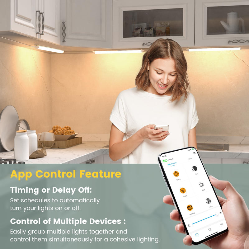 Under Cabinet Lighting Plug in with APP Control, 3 PCS 12 Inchs Light Strip, 5 Color Dimmable Super Bright Led, 690 Lm 12W, Under Counter Light for Kitchen, Counter, Shelf White Case 12" 3-Bar