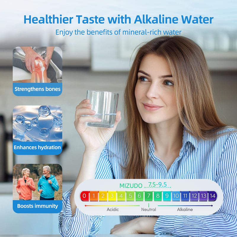 MIZUDO 12 Months Remineralization Filter, 1/4" Quick Connect Alkaline Filter for RO Reverse Osmosis System Under Sink, PH Balance and Restore Minerals, 10-inch PH Alkaline Filter