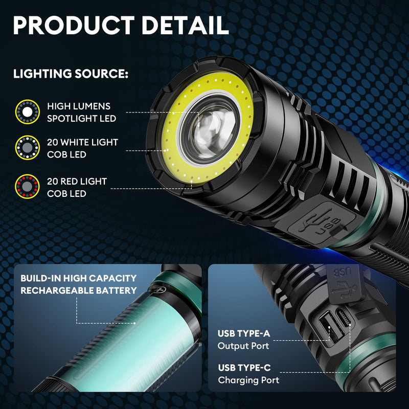RECHOO Rechargeable Flashlights High Lumens, 990000lm LED Flashlight Rechargeable, Fixed Foucs, 8 Lighting Modes Waterproof Small Flashlight for Camping, Hunting, Emergency, Gifts for Men 2 Pack