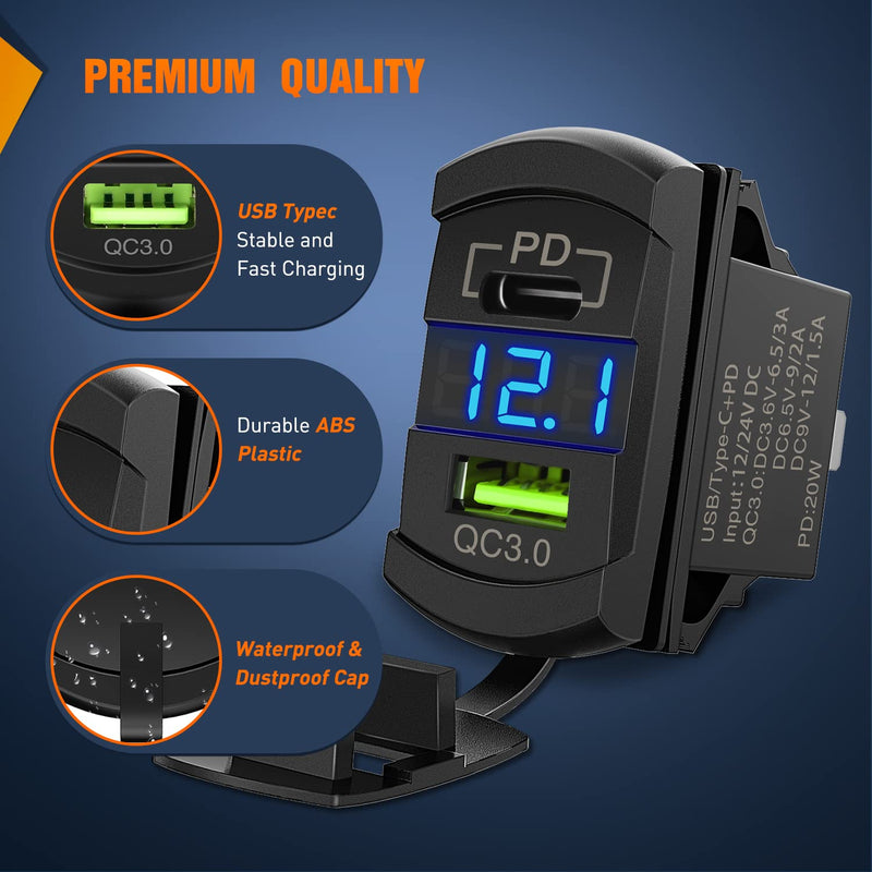 Nilight Rocker Switch Style USB Outlet LED Voltmeter Quick Connector 12V PD Type C and USB QC 3.0 Cars Replacement with Inline Fuse for Switches Panel on Boats RV Truck Car Type C + USB Voltmeter Blue