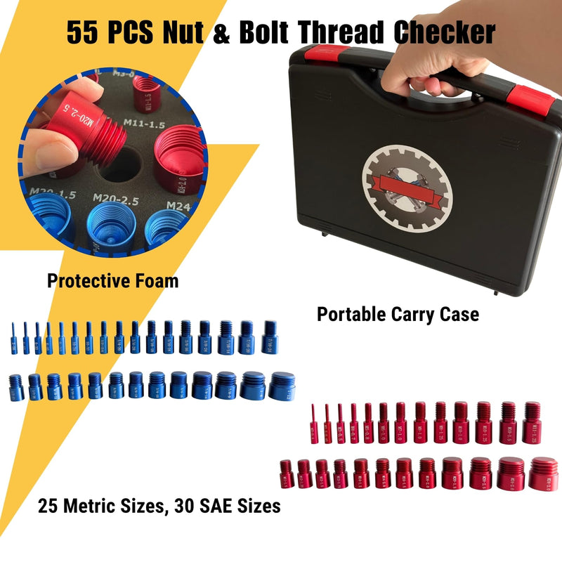 55PCS Nut and Bolt Thread Checker, 30 SAE & 25 Metric Box Kit Thread Gauge with M11 Sizes, Bolt Size Finder, Aluminum Screw Size and Bolt Gauge Identifier Set 55PCS