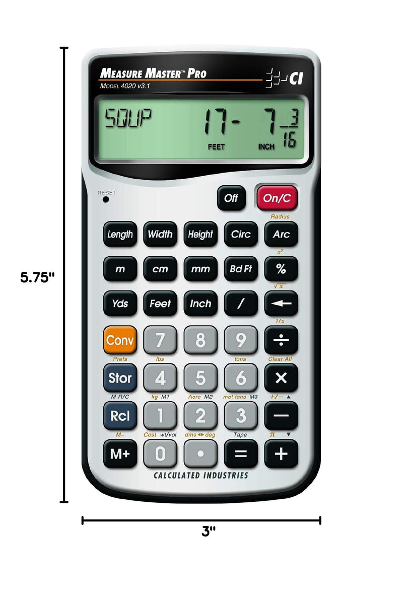 Calculated Industries 4020 Measure Master Pro Feet-Inch-Fraction and Metric Construction Math Calculator, Silver Pack of 1