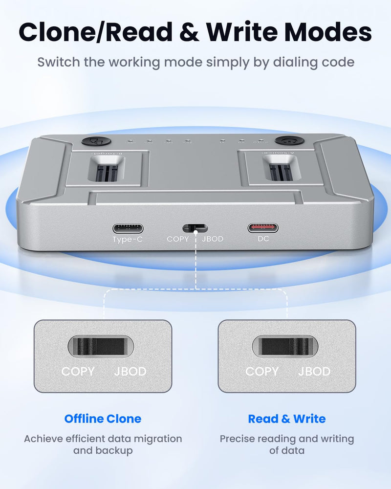 M.2 NVMe SATA SSD Cloner : Coolpie CR220 Dual-Bay Offline Clone M.2 Duplicator, Tool-Free 20Gbps USB3.2 Gen2*2 M.2 Docking Station for SSDs 2230/2242/2260/2280/22110