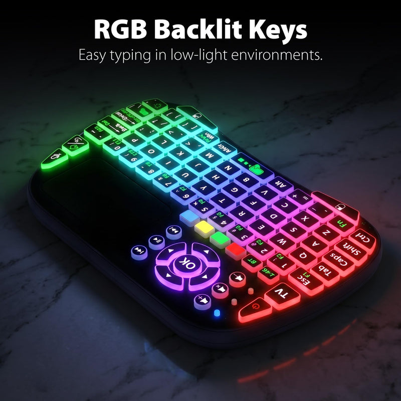 Fosmon Mini Keyboard with Touchpad Mouse, 2.4G & 5.2 Dual-Mode Multimedia Hotkeys, Small Wireless Bluetooth Handheld Keyboard with RGB Backlit for Android TV Box, Smart TV, Raspberry Pi, PC, Phone