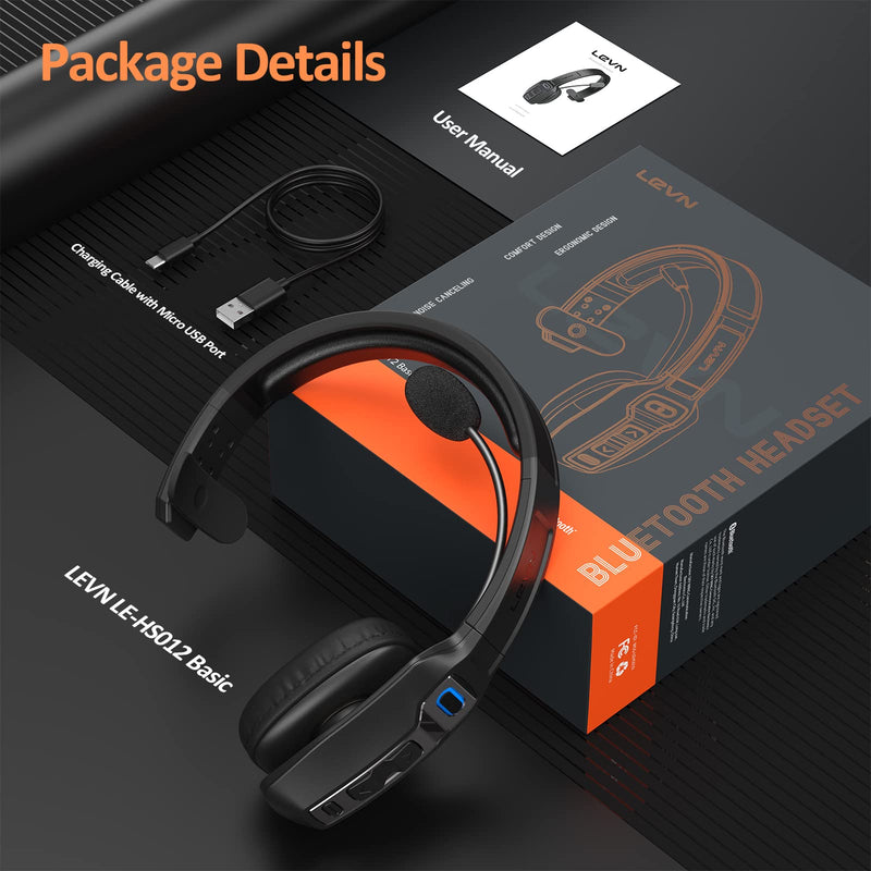 LEVN Bluetooth Headset with Microphone, Trucker Bluetooth Headset with AI Noise Cancelling & Mute Button, Wireless On-Ear Headphones 60 Hrs Working Time, for Trucker Home Office Remote Work Zoom Black