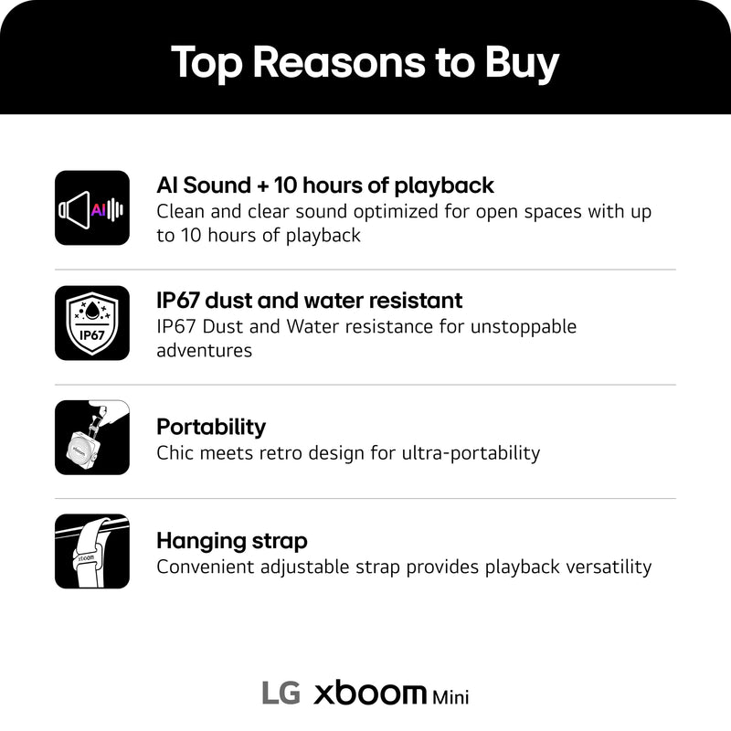 LG xboom Mini by will.i.am Portable Outdoor Bluetooth Speaker, up to 10 Hours, IP67 Dust and Water Resistant, Adjustable Hanging Strap, Black