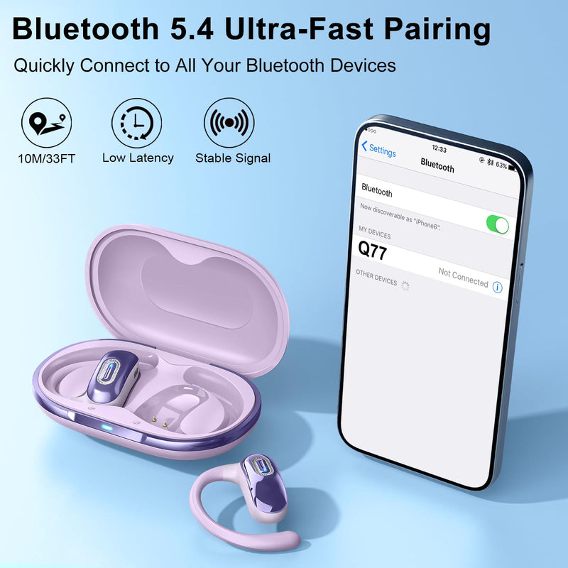 Open Ear Headphones, NEW Over Ear Earbuds with 4 ENC Noise-Canceling Mic | Ultra-Comfort Bone Conduction Earbuds, BT5.4, 50H HD Stereo, IPX7 Waterproof, Ergonomic Earhooks,Sports Ear Buds for Running Lavender