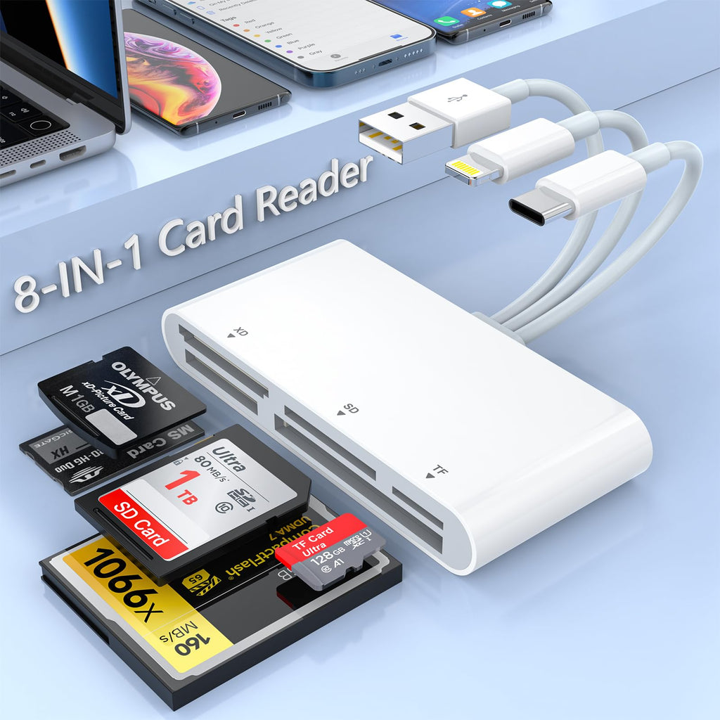 8-in-1 Multi Memory Card Reader USB C Lightning USB Multi Card Reader for SD CF XD MS Micro SD TF, SD Card Reader Adapter for for iPhone 15/14/13/12/iPad/MacBook/Samsung S24/S23/S22/PC Plug and Play