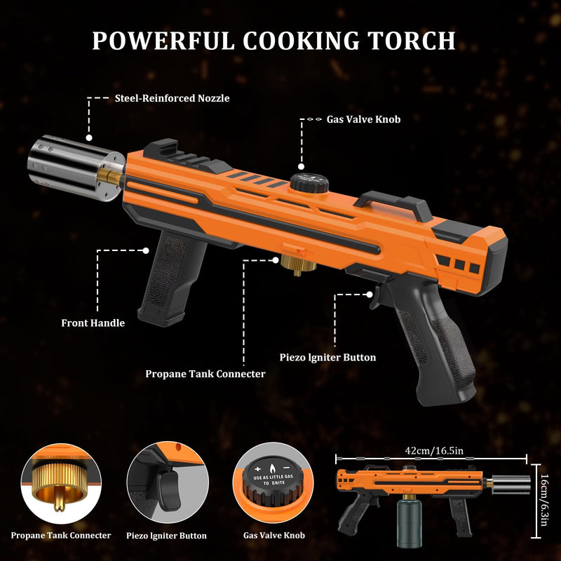 XIEEAOZEE Powerful Propane Torch Gun, Cooking Torch With Adjustable Flame, Flamethrower Kitchen Torch Burner Gas Welding Kits for Grill, BBQ, Campfire, Camping (Propane Tank Not Included) Orange