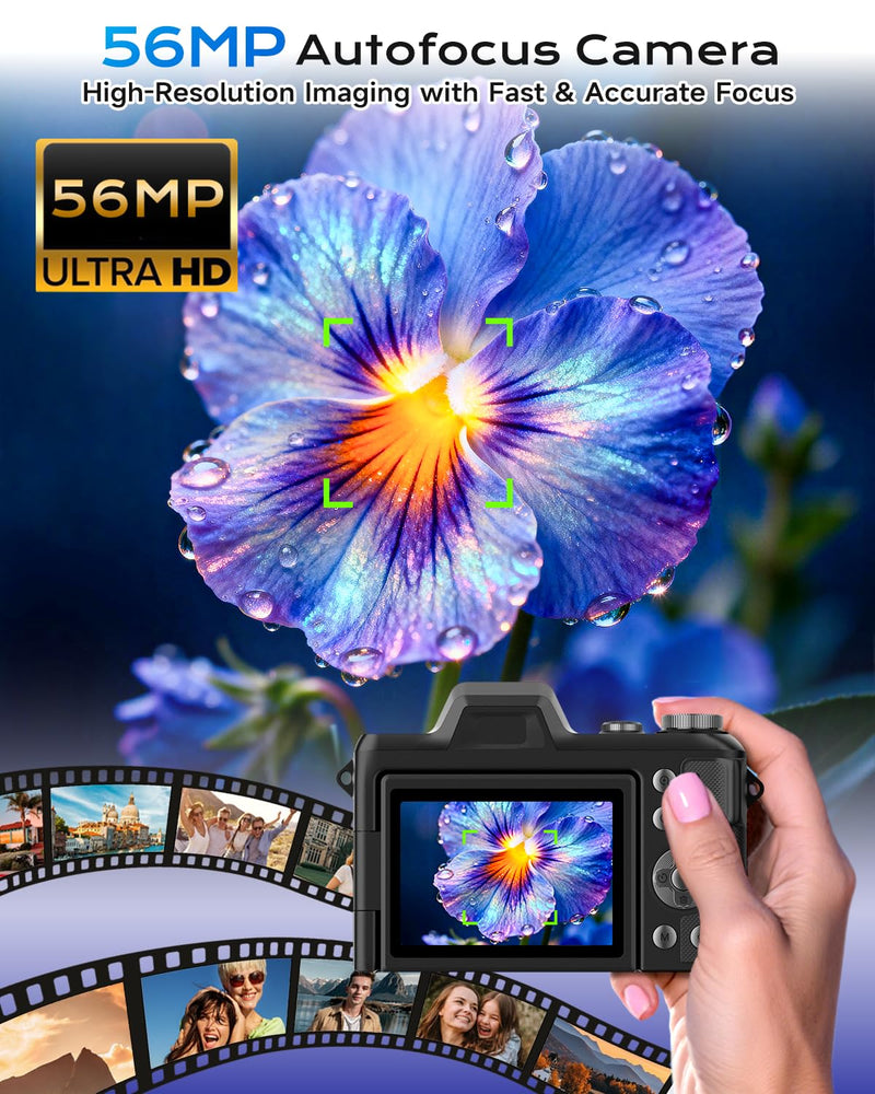 4K Digital Camera for Photography Travel, 56MP Autofocus Vlogging Camera for YouTube, 16X Zoom with 3" 180°Flip Screen & Lens Hood, 32GB Card, Gift Ideas for Teens & Beginners Black