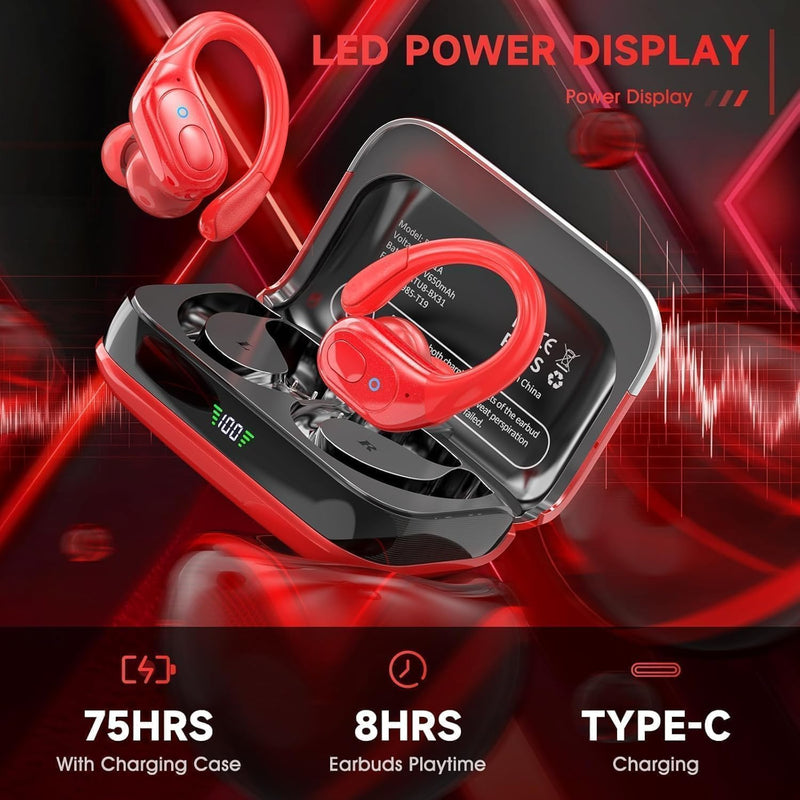 sajawass Wireless Earbuds Headphones Bluetooth 5.4, Noise Canceling Ear Buds with 75hr Playtime, IPX7 Waterproof Earphones Over-Ear Earphones for Sports/Workouts, LED Power Display - Red