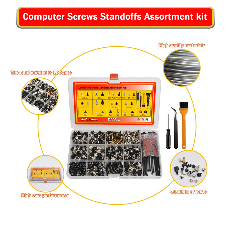 1000pcs Computer Screw & Standoff Kit - Motherboard Mounting Screws for ATX Cases, HDD/SSD, Power Supply, GPU, PC Fans - DIY PC Building & Repair Essentials