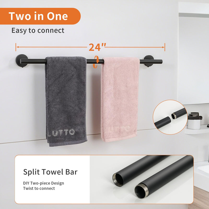 5-Piece Matte Black Bathroom Hardware Set, Towel Racks Set for Bathroom SUS304 Stainless Steel Toilet Paper Holder Wall Mounted, 24 Inch Modern Bathroom Accessories Kit A-24 Matte Black