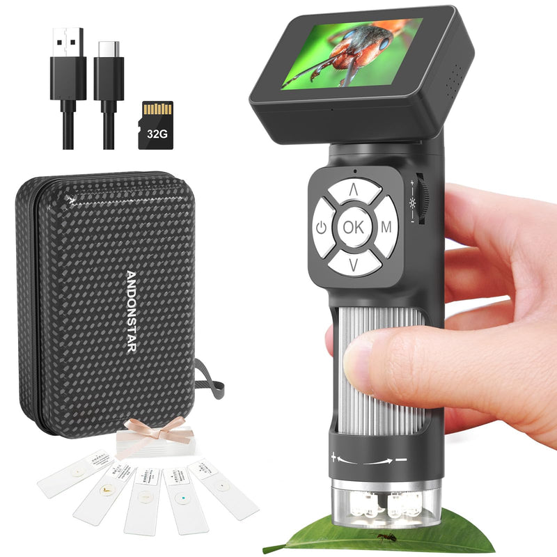 Andonstar AD112 Portable Pocket Microscope Kit for Kids and Adults with 2" LCD Screen, Mini Handheld Digital Microscope 500X with 8 Adjustable LED Lights, Windows PC Compatible, 32GB SD Card Included