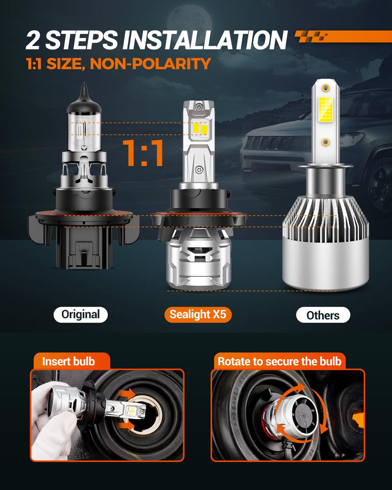SEALIGHT H13/9008 Light Bulbs 30000LM, H13 6500K Cool White Fog Light for Powersports, Real 1:1 Mini Size Plug and Play, Pack of 2 X5 H13
