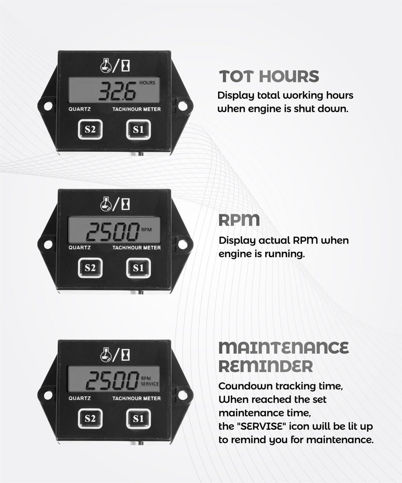 Small Engine Tachometer,Car Accessories Motorcycle Tachometer,Waterproof Tachometers Inductive Tacho Gauge,Used in Motorcycles,ATVs,Boats,Outboard Engines,Lawn Mowers,UTVs,Snowmobiles