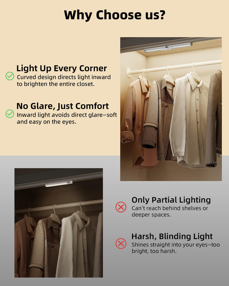 EZVALO 15in Closet Lights with Rotatable Motion Sensor, Rechargeable Under Cabinet Lighting, No-Glare Curved Design, 3 Color Temps & Dimmable LED Lights for Pantry, Wardrobe, Shelf 2Pack 15inch