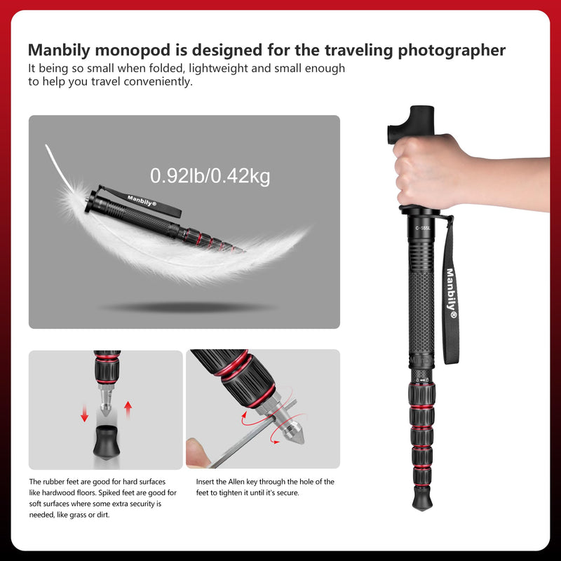Carbon Fiber Camera Monopod, Portable Compact Lightweight Travel Monopod with Walking Stick Handle for DSLR Canon Nikon Sony Video Camcorder, 28mm Thick Leg, Max Load 22 lbs/10kg