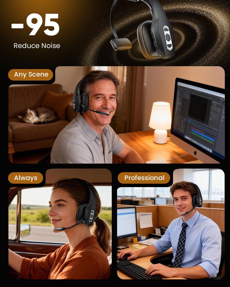 Trucker Bluetooth Headset with Charging Base, Wireless Hands-Free Headset with Noise Canceling Mic & Mute Button, 56Hrs Working Time PC Headsets for Cell Phones, Computer, Truck Driver BLACK