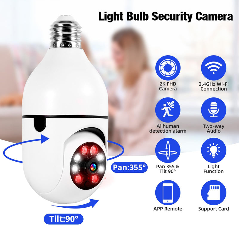 2K Light Bulb Camera Outdoor 2 Packs, 2.4GHz Wi-Fi Wireless Light Bulb Security Camera with 2 Way Talk, Color Night Vision, AI Human Detection, E27 Screw in Light Socke（2P） 1 2P-White