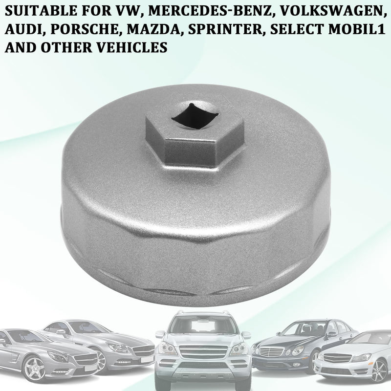 Oil Filter Wrench, Heavy Duty 74mm 14 Flutes Oil Filter Cap Wrenches Removal Tool Compatible with Mercedes Benz, Audi, VW, Porsche, Audi, Mazda, Sprinter Select Mobil1, Bosch, Mahle Silver