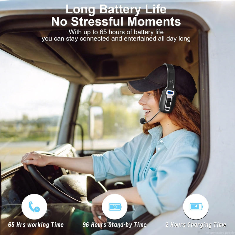 BRAMMAR Trucker Bluetooth Headset with AI Noise Cancellation Microphone, Trucker Headset with 65Hrs Talk Time & Mute Button, Multipoint Connection, Bluetooth Headsets Fit for Truck Drivers/Cell Phones Black